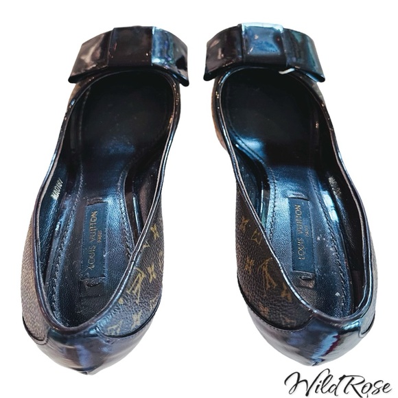 LOUIS VUITTON Brown Rivoli LV Monogram Patent Vernis Bow Cork Platform Pump 35.5 - Picture 10 of 17